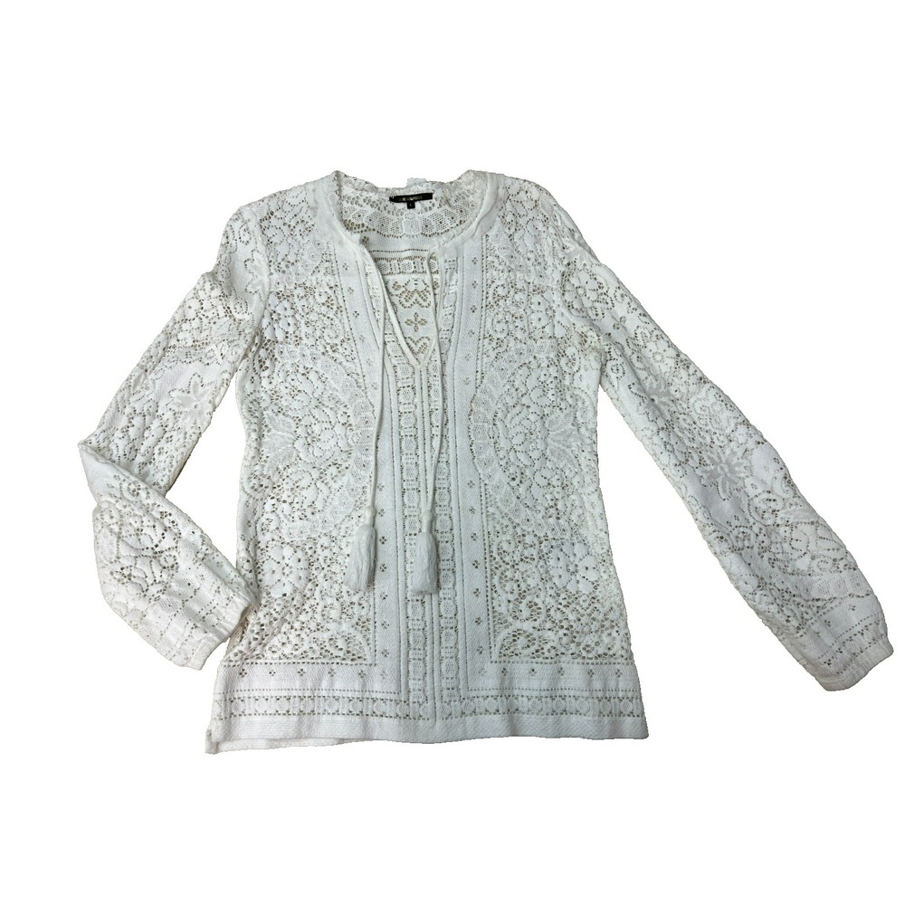 Kobi Halpern Tunic Top Ecru Lace Tasseled Split V-Neck Bubble‎ Sleeves  SZ S